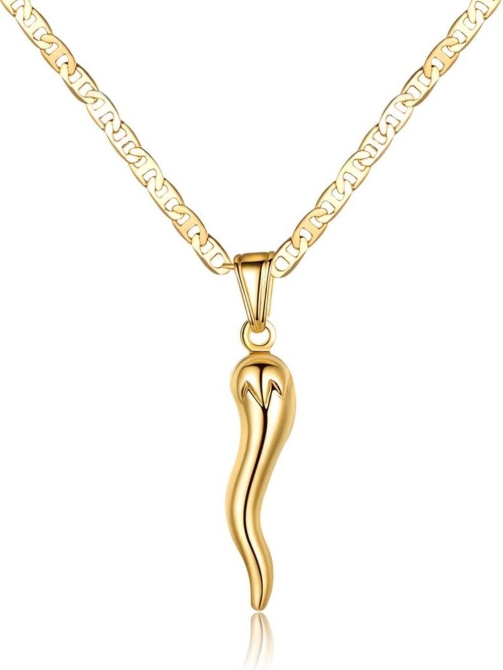 18K Gold Plated Marina Chain Necklace with Italian Horn Cornicello - Made in